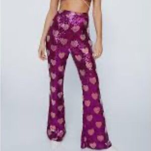 Nasty Gal Heart Sequin Wide Leg Pants Pink High Waist Festival Rave Size 12 NWT